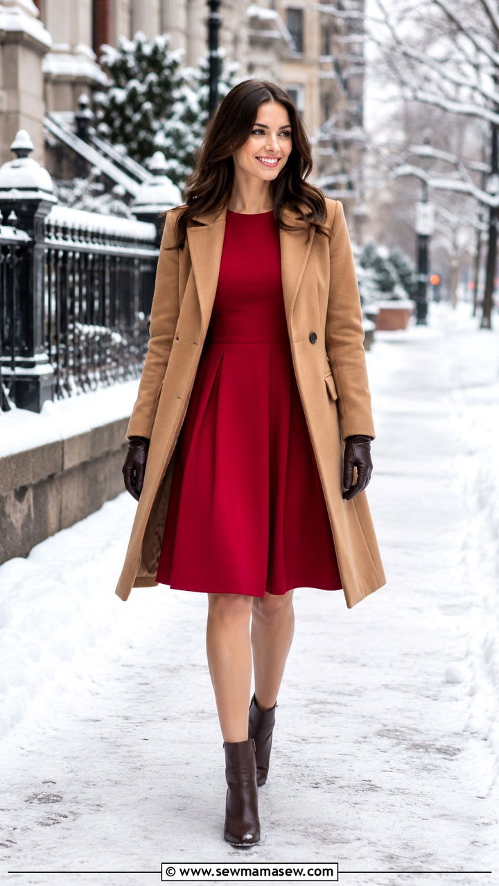 Structured coat over fit and flare dress - 30 outfit ideas for rectangle body shape