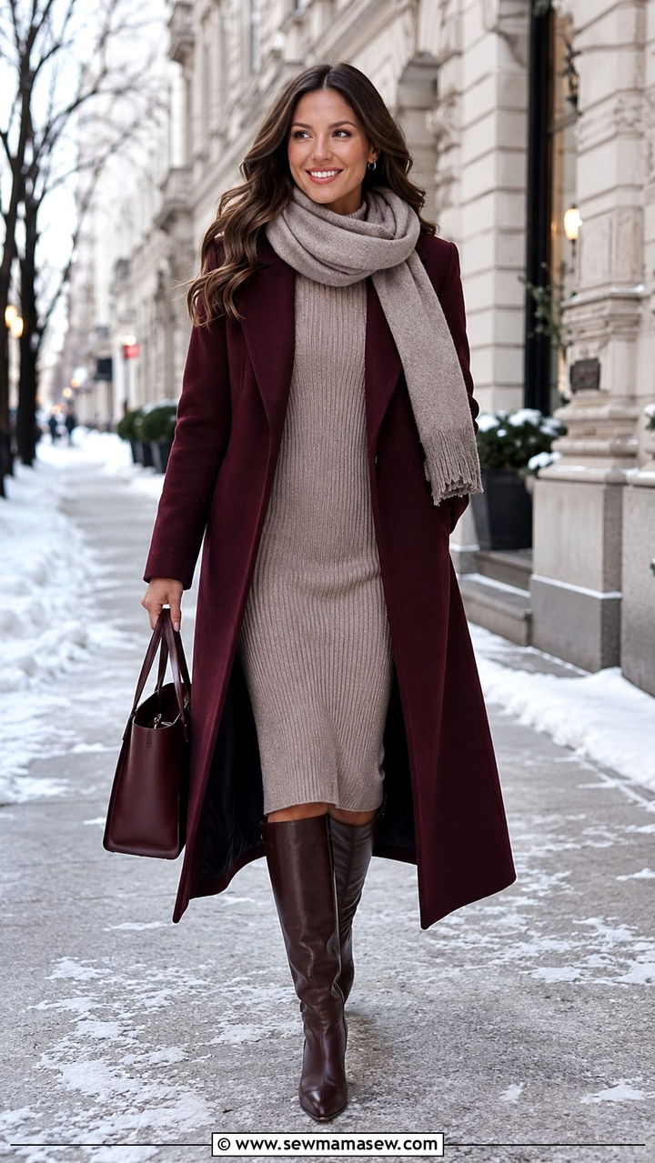 Structured coat with a knit midi dress and knee high boots - 30 Outfit ideas for apple shape