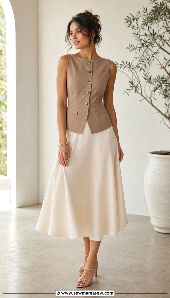 Structured sleeveless top with cream midi skirt - 35 Business casual outfits for summer heat