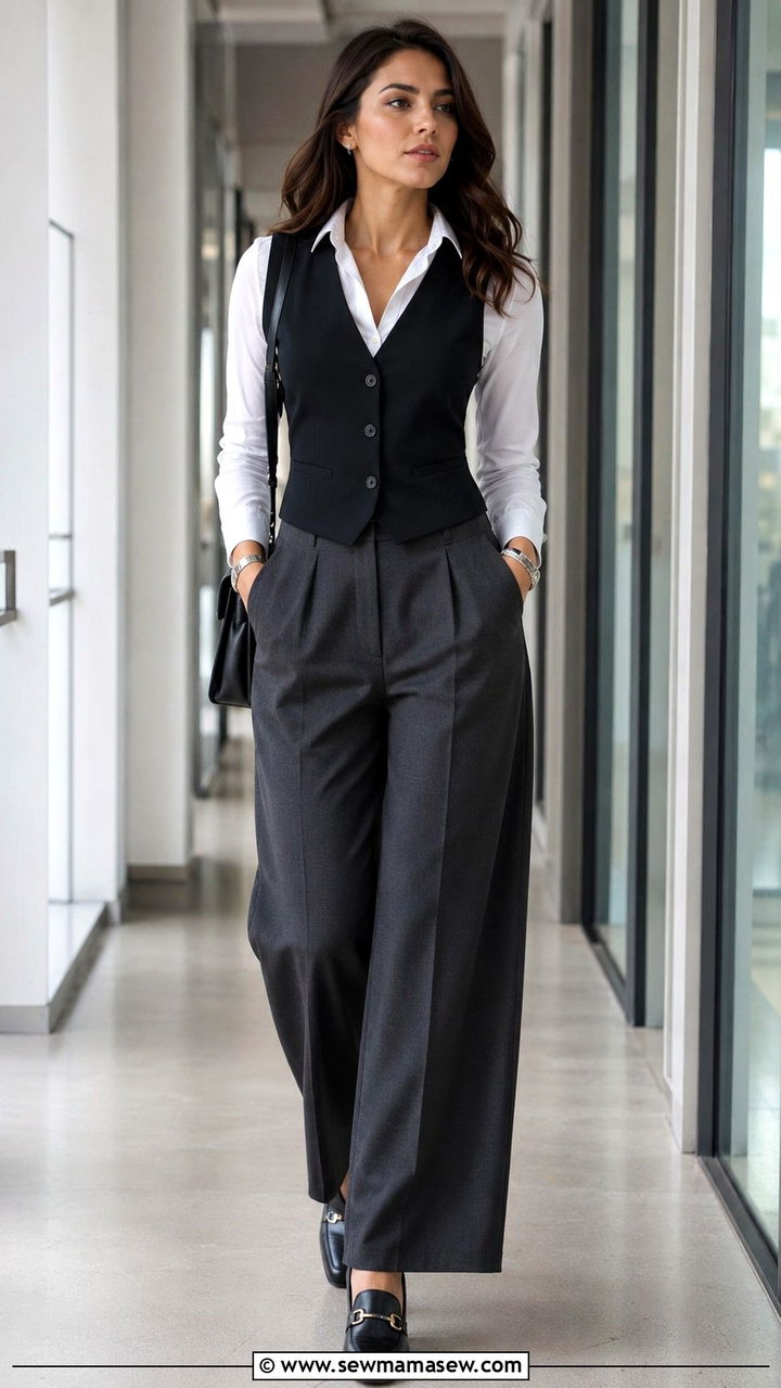 Structured vest and wide leg trousers outfit - 20 work outfits for long torso women
