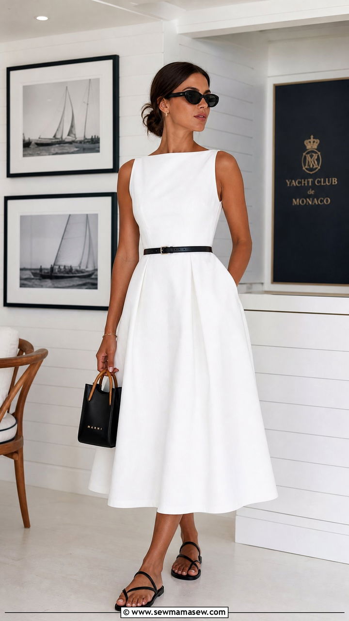 Structured white midi dress with black details - 25 Yacht club outfit ideas