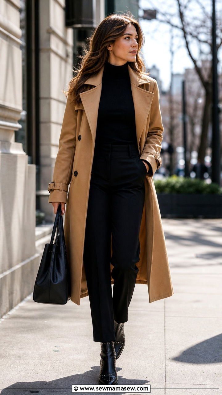 Studded Ankle Boots Outfit with a Camel Trench Coat - 25 edgy capsule wardrobe outfits