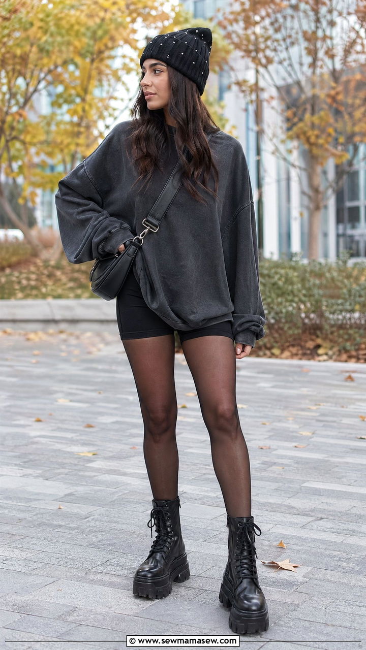 Studded Beanie and Oversized Sweatshirt Outfit - 35 Edgy outfit ideas