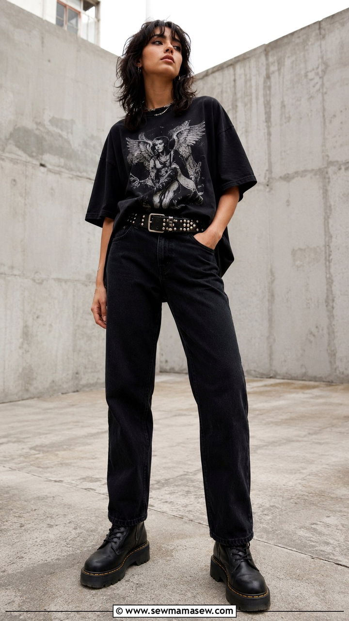 Studded Belt And Oversized Graphic Tee Punk Look - 25 Punk outfit ideas