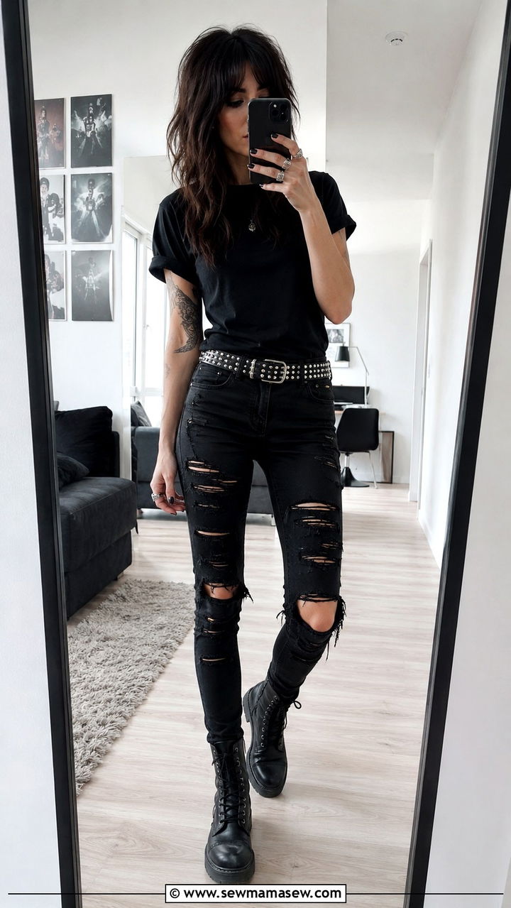 Studded Belt with Distressed Skinny Jeans Outfit - 25 Rock concert outfit ideas