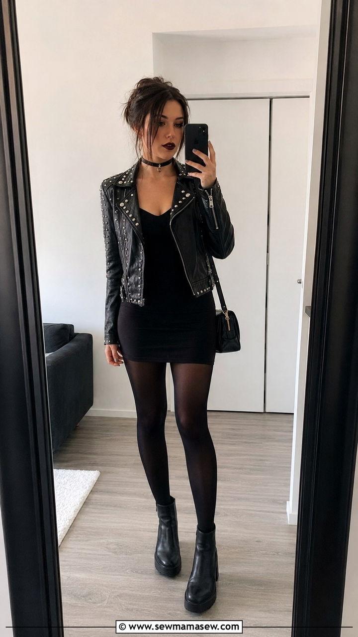 Studded Leather Jacket With Black Mini Dress - 30 grunge outfits aesthetic