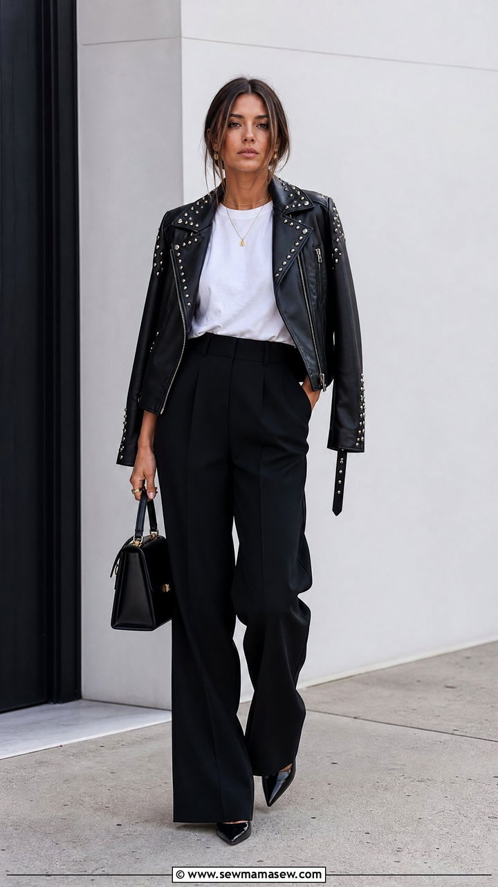 Studded Leather Jacket and Crepe Trousers - 25 classy grunge outfits