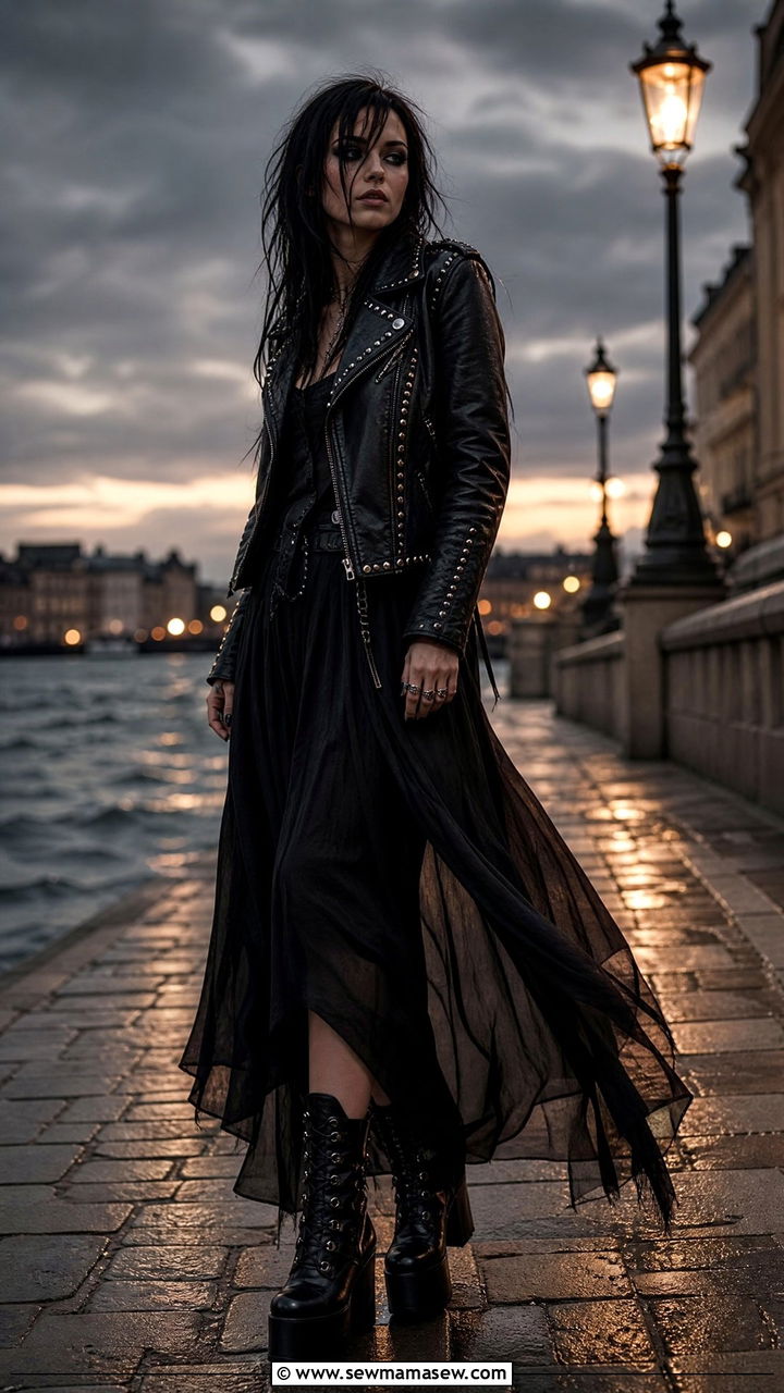 Studded Leather Jacket with Black Maxi Skirt and Platform Boots - 35 grunge outfit ideas for women