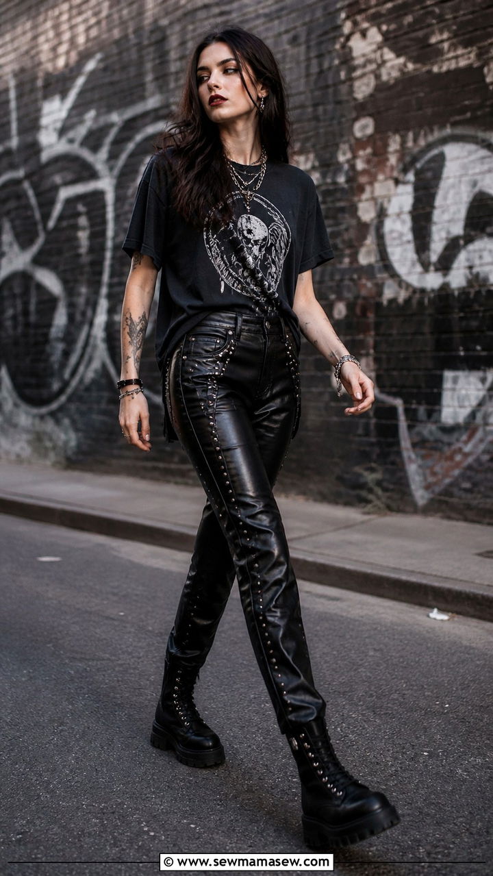 Studded Leather Pants Graphic Tee Chunky Boots - 40 Grunge outfit ideas