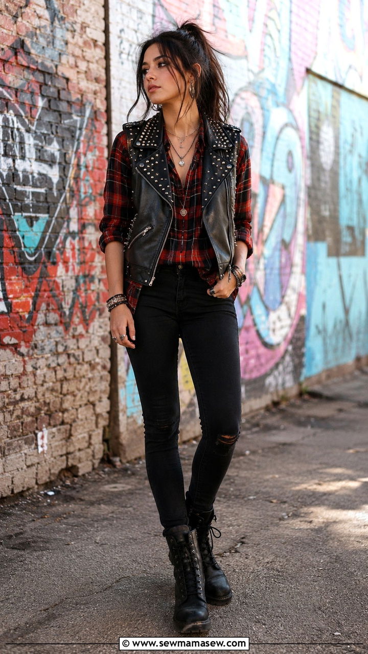 Studded Leather Vest Over Plaid Shirt Outfit - 30 Rock and roll outfit ideas