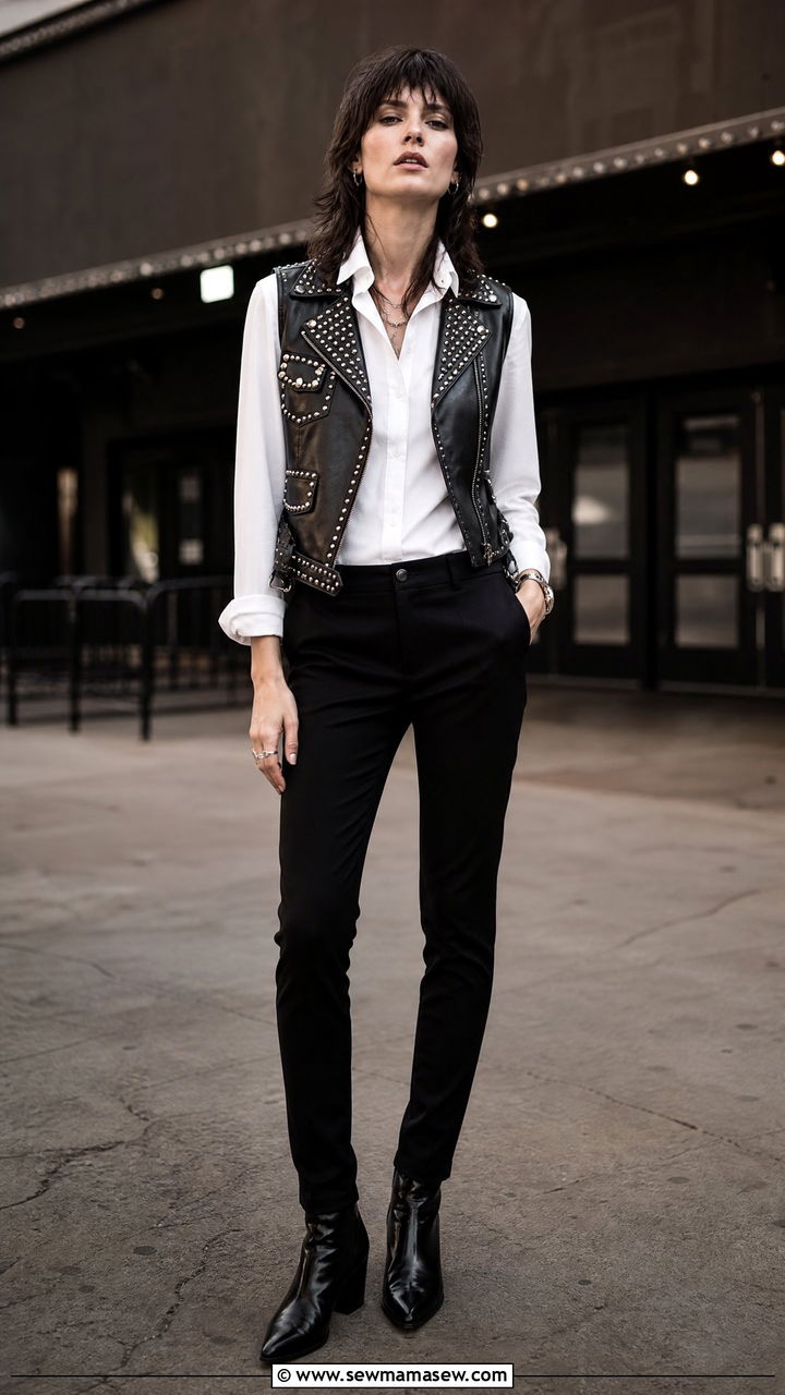 Studded Vest Over A White Button Down Shirt - 30 edgy outfits for women