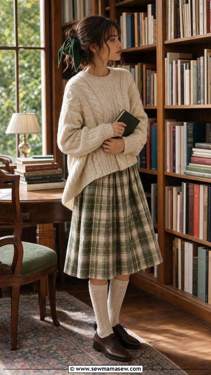 Study Fairy Plaid Skirt with Cream Knit Sweater - 25 fairycore capsule wardrobe outfits