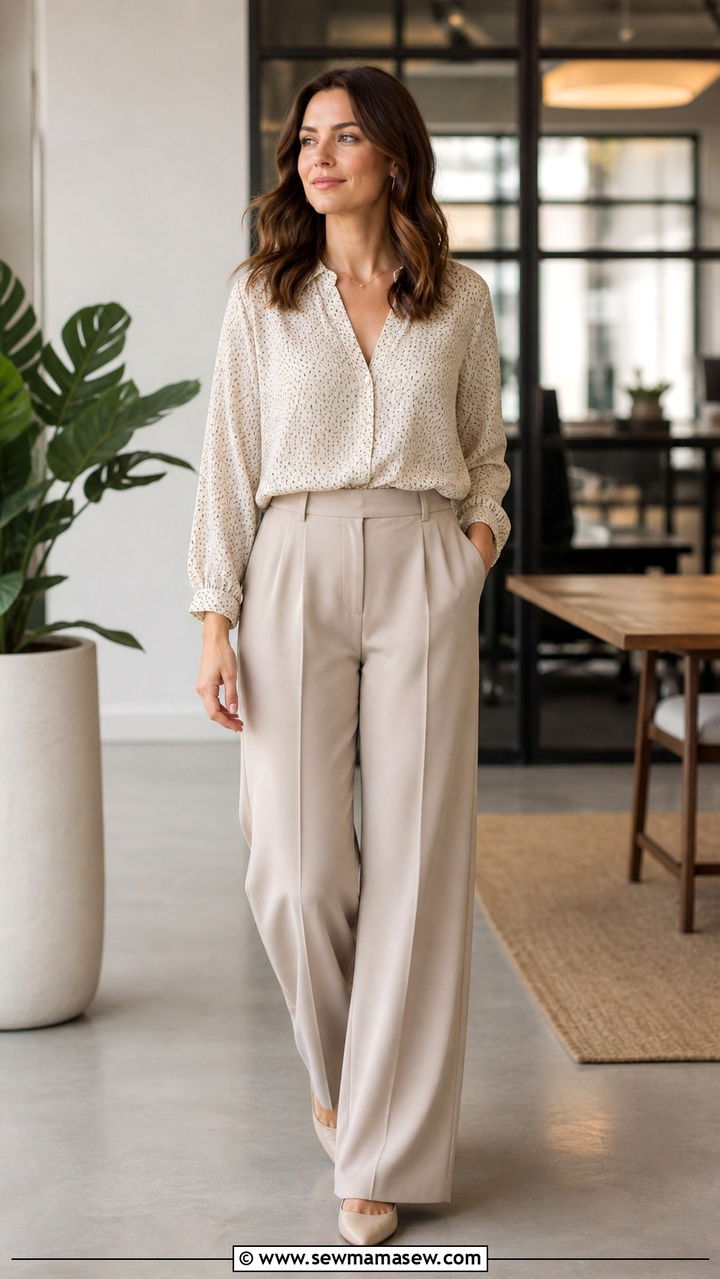 Subtle Patterned Blouse with Neutral Wide Leg Trousers - 40 Job interview outfit ideas