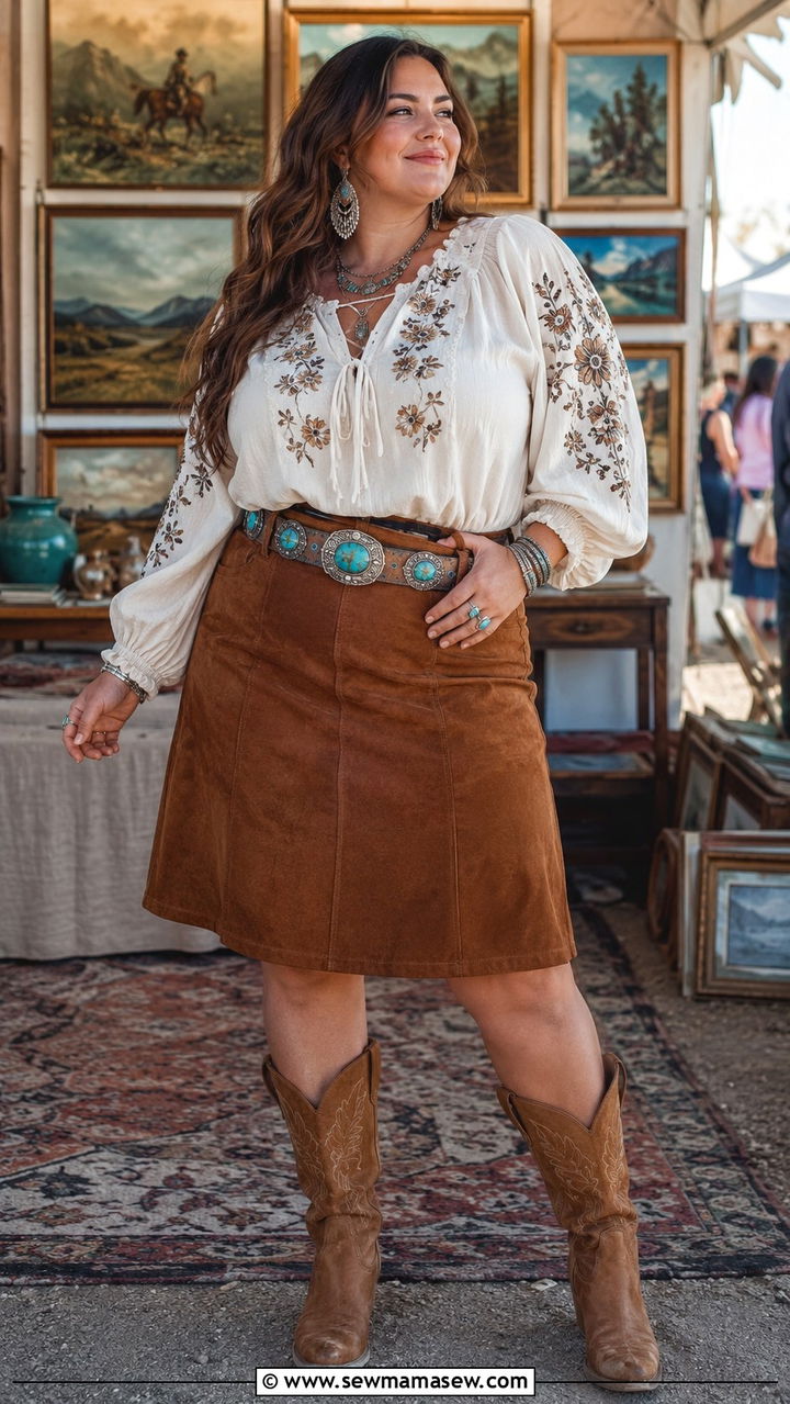 Suede A Line Skirt and Embroidered Blouse - 25 Plus size outfit ideas western