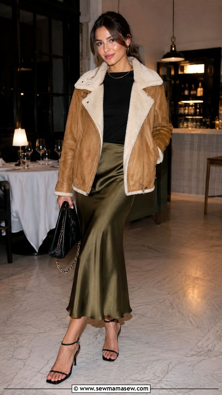 Suede Aviator Jacket With Satin Midi Skirt - 25 Pilot outfit ideas