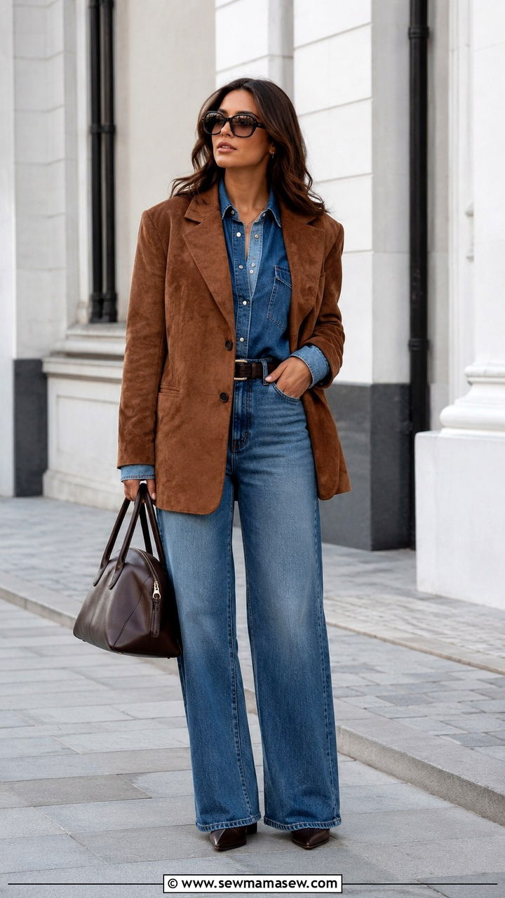 Suede Blazer Over Denim on Denim with Wide Leg Jeans - 30 Modern western outfit ideas
