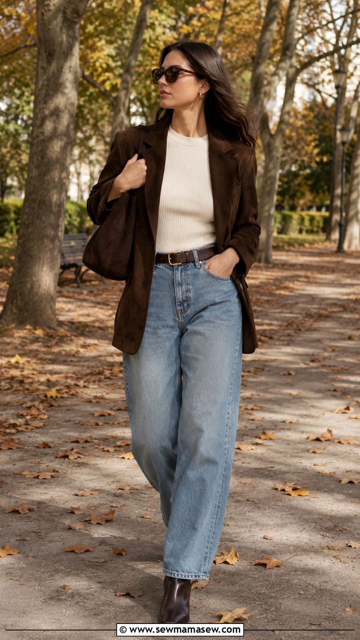 Suede Blazer With High Waisted Baggy Jeans - 30 High waisted jeans outfit ideas with a blazer