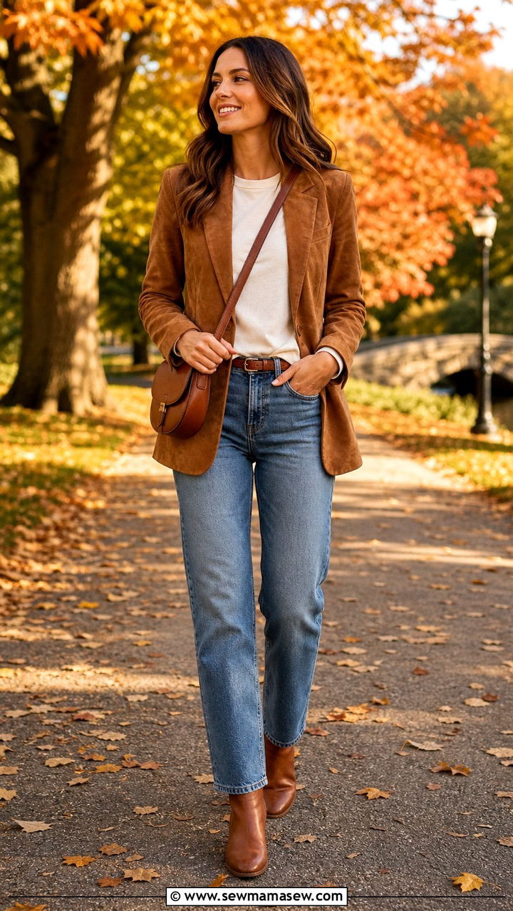 Suede Blazer With Straight Leg Jeans Outfit - 40 blazer outfits ideas