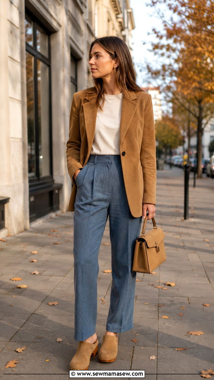Suede Blazer With Textured Trousers Outfit - 30 Scandi minimalist outfit ideas