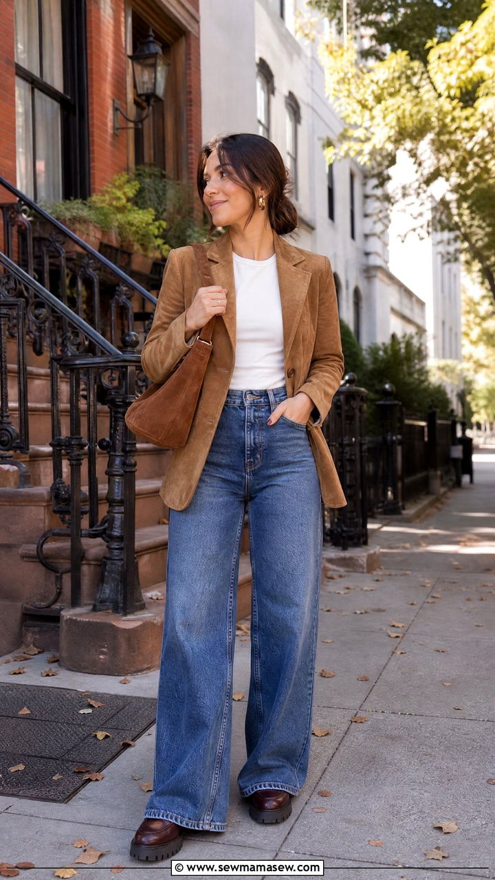 Suede Blazer With Wide Leg Jeans - 25 Petite outfit ideas with blazer