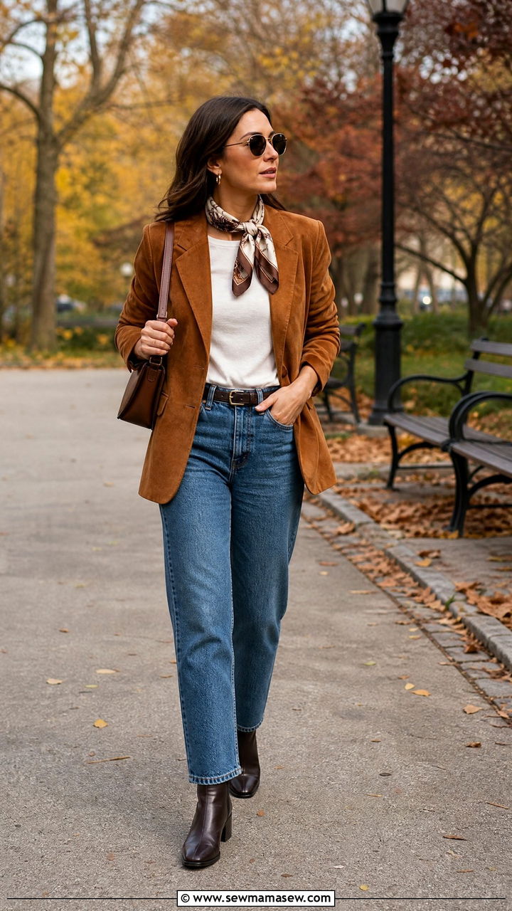 Suede Blazer and Straight Leg Jeans Fall Travel Outfit - 40 travel outfits ideas