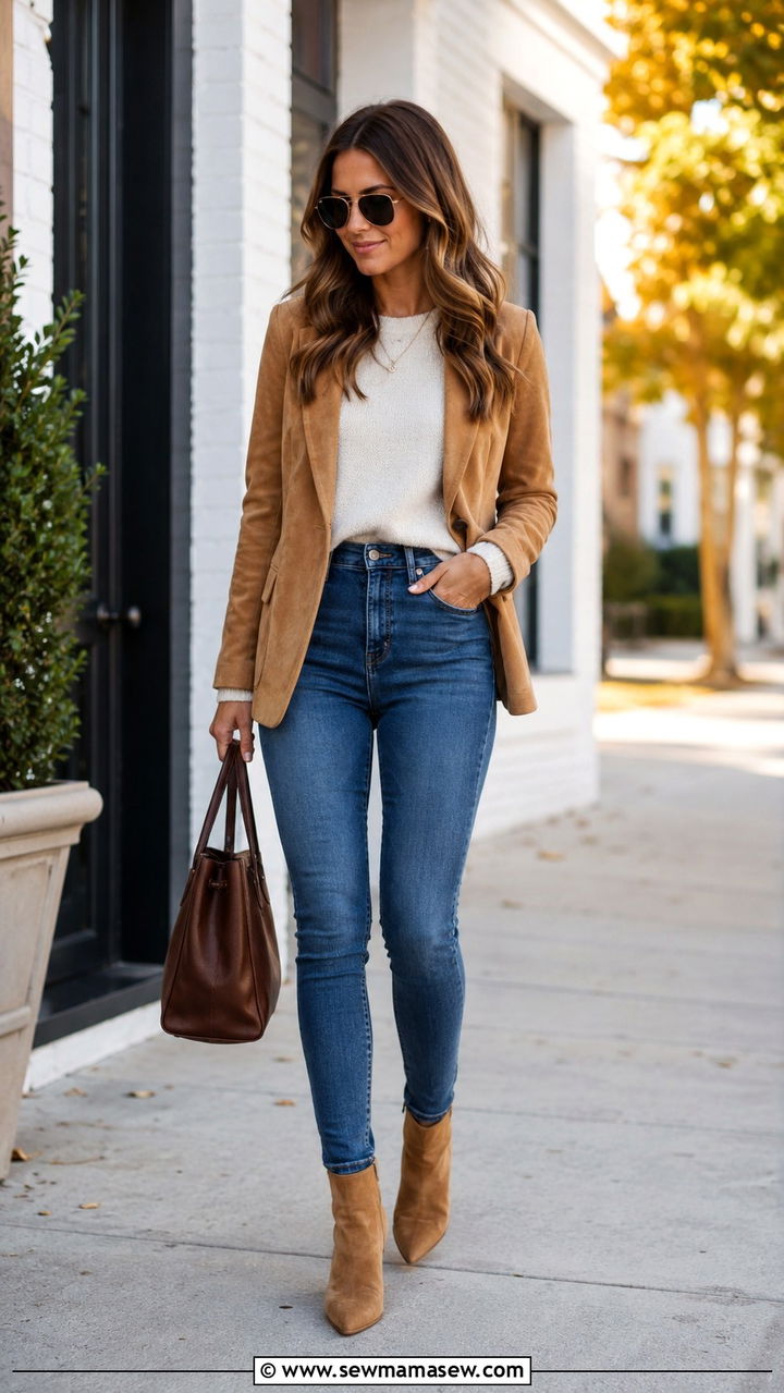 Suede Blazer with Blue Skinny Jeans Outfit - 30 Skinny jeans outfit ideas with a blazer