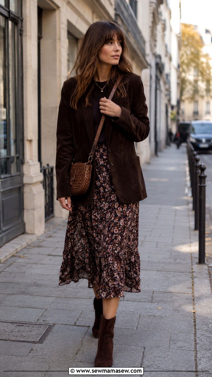 Suede Blazer with Floral Skirt and Ankle Boots - 30 Parisian street style outfit ideas