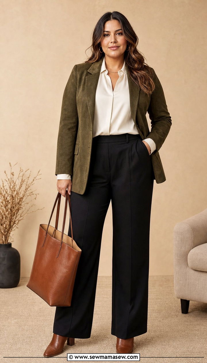 Suede Blazer with Tailored Trousers - 35 Business casual outfits plus size