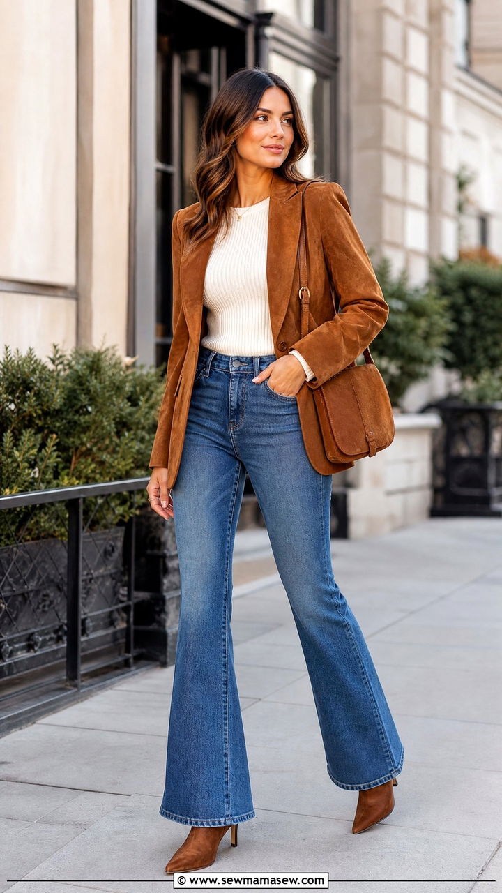 Suede Blazer with a Fitted Knit and Flare Jeans - 30 Flare jeans outfit ideas with a blazer