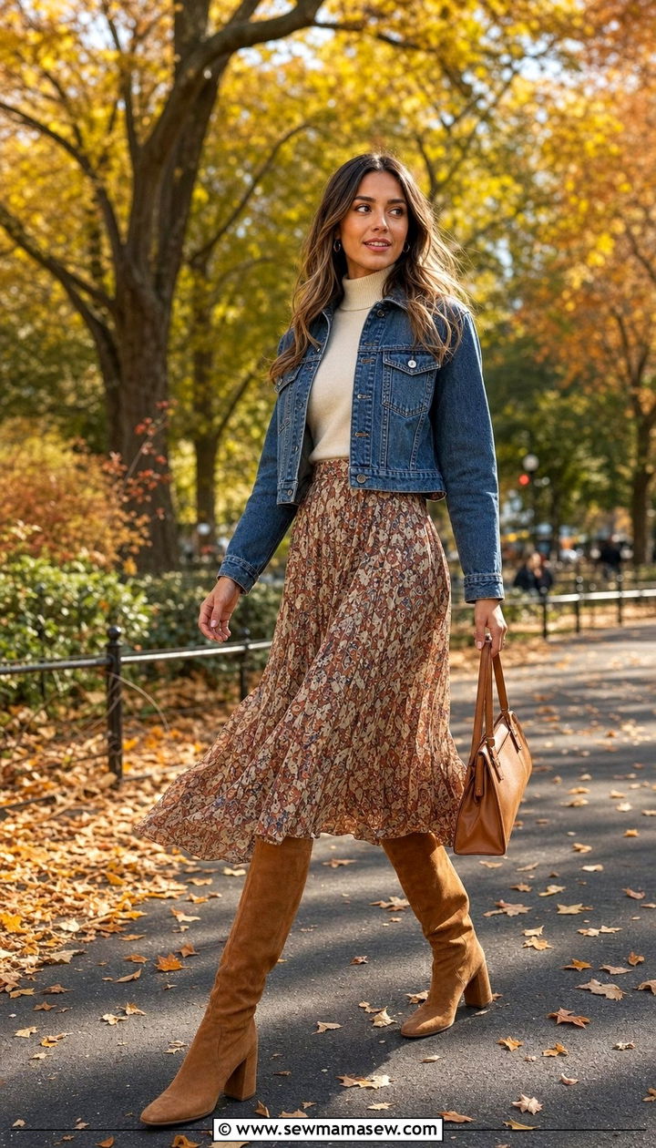 Suede Block Heel Knee High Boots with Midi Skirt - 35 block heel outfit ideas