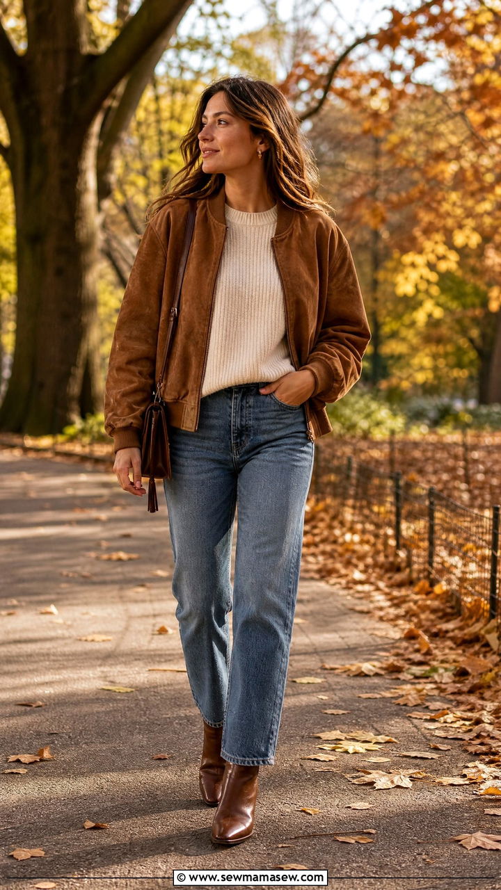 Suede Bomber Jacket And Straight Leg Jeans With Boots - 35 jacket outfits