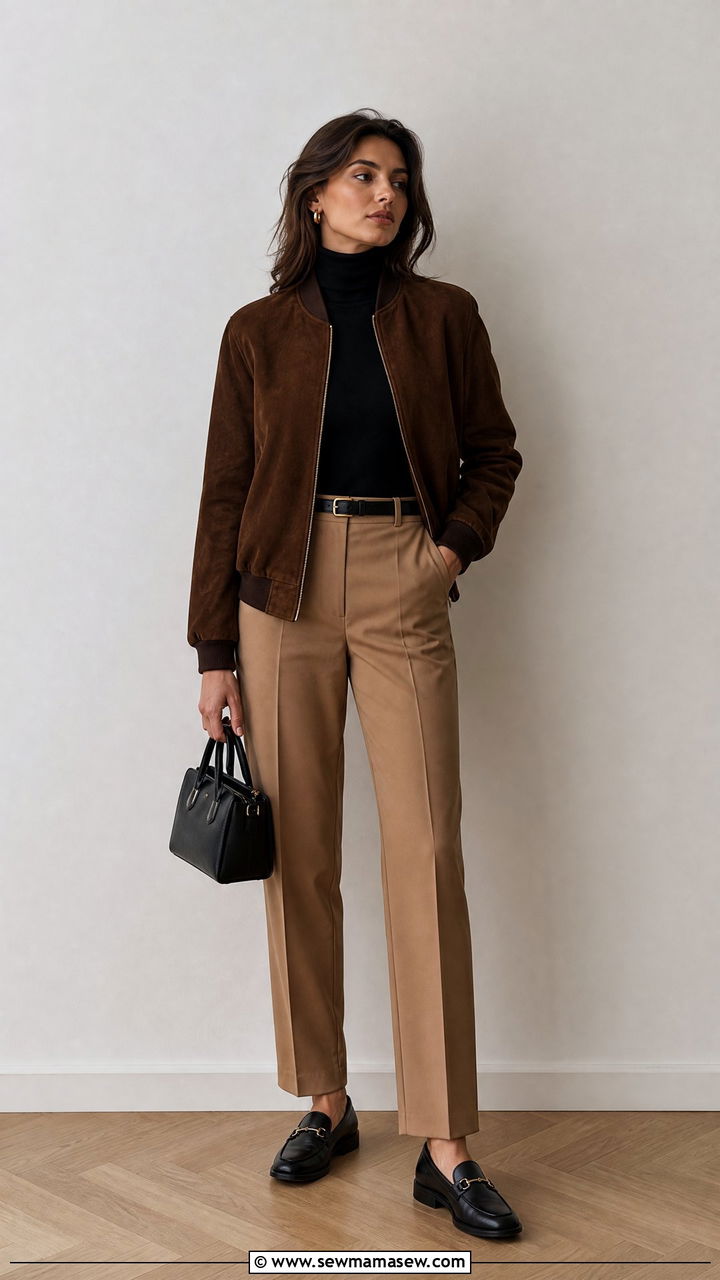 Suede Bomber Jacket Outfit With Turtleneck And Trousers - 30 Suede jacket outfit ideas