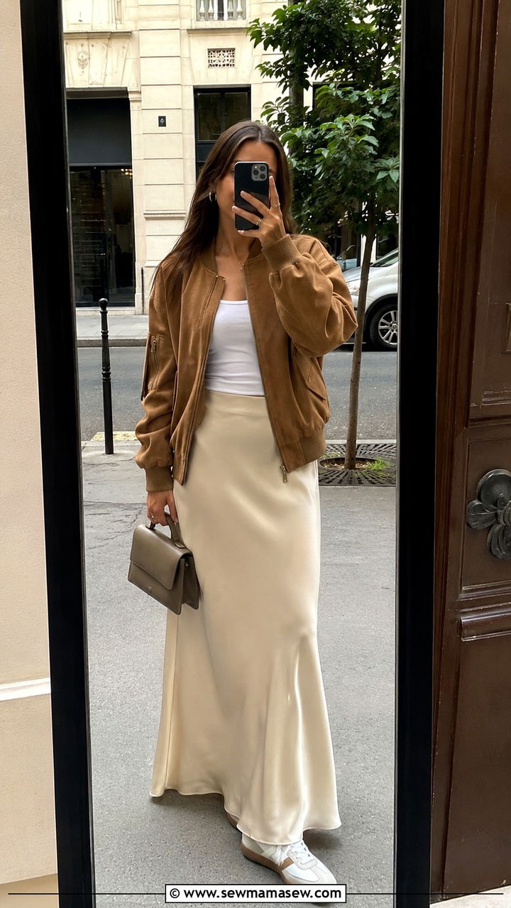 Suede Bomber Jacket With A Satin Maxi Skirt Outfit - 30 how to style maxi skirt outfits