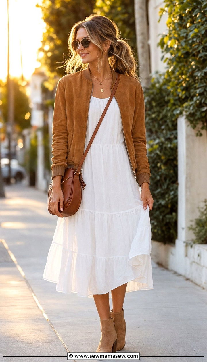 Suede Bomber Jacket With A Tiered Midi Dress And Ankle Boots - 25 Summer outfits with bomber jackets