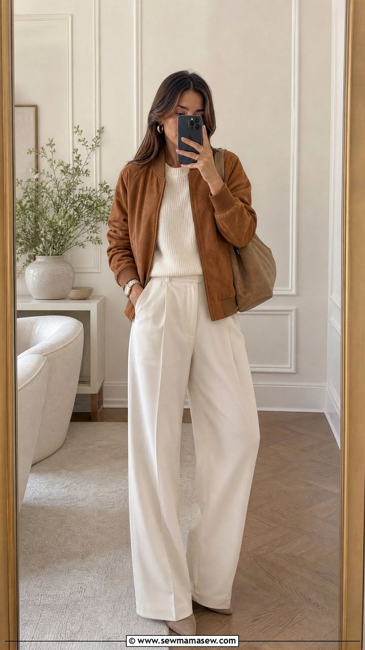 Suede Bomber Jacket With Cream Knit And Wide Leg Trousers - 25 how to style bomber jacket
