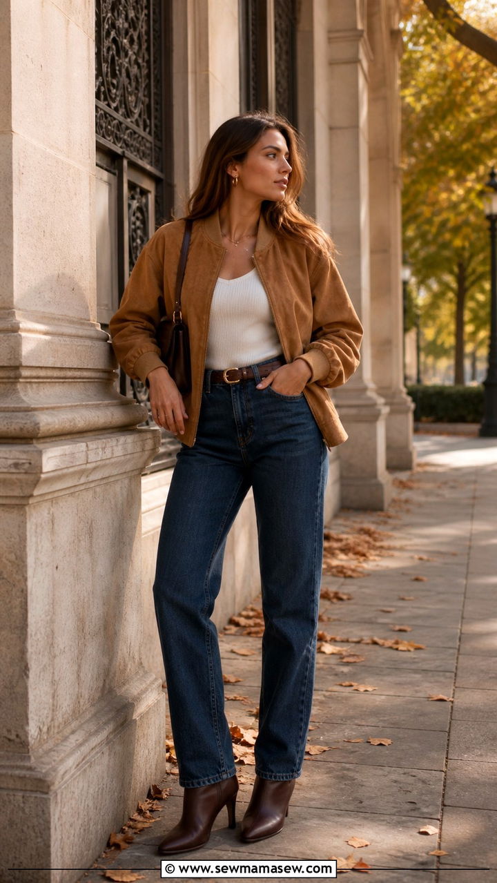 Suede Bomber Jacket With Jeans and Heeled Boots - 40 cute jacket outfits