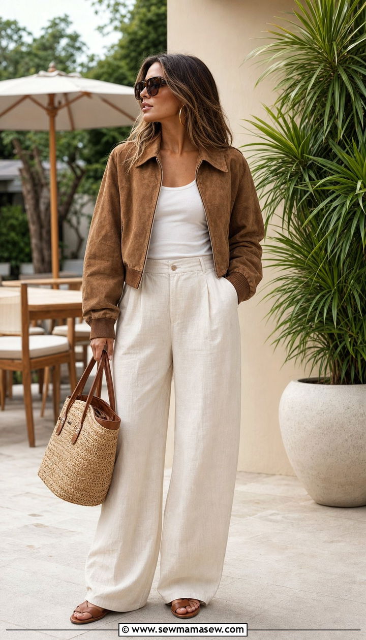 Suede Bomber Jacket With Linen Wide Leg Trousers - 25 Summer outfits with bomber jackets