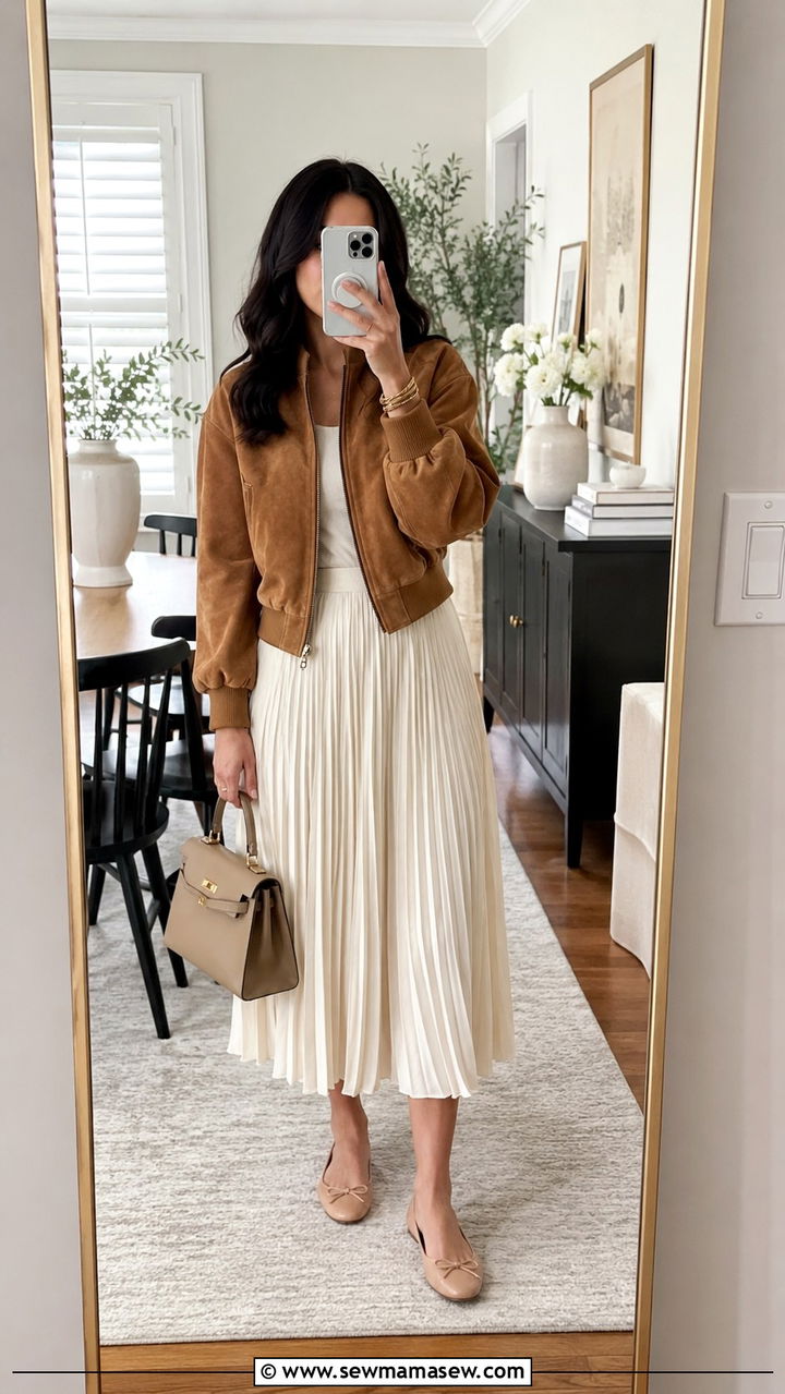 Suede Bomber Jacket With Midi Skirt - 25 bomber jacket outfits for women over 40