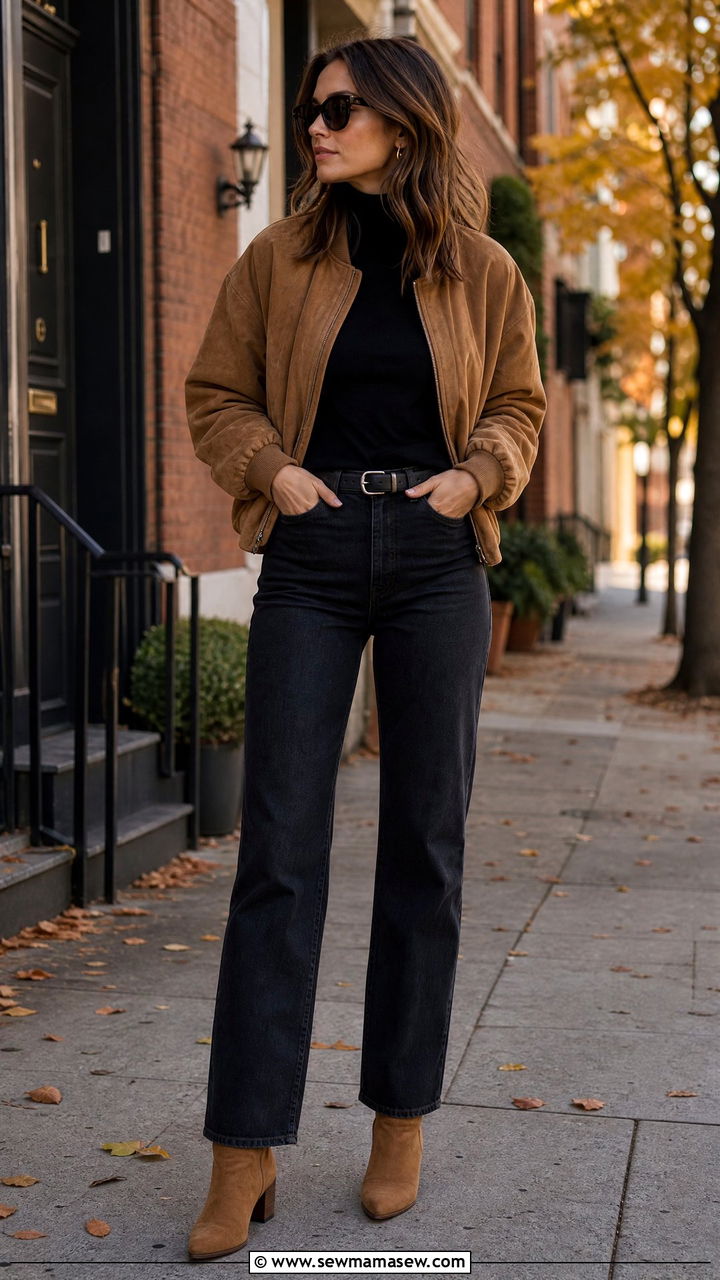 Suede Bomber Jacket With Turtleneck - 25 chic bomber jacket outfit ideas