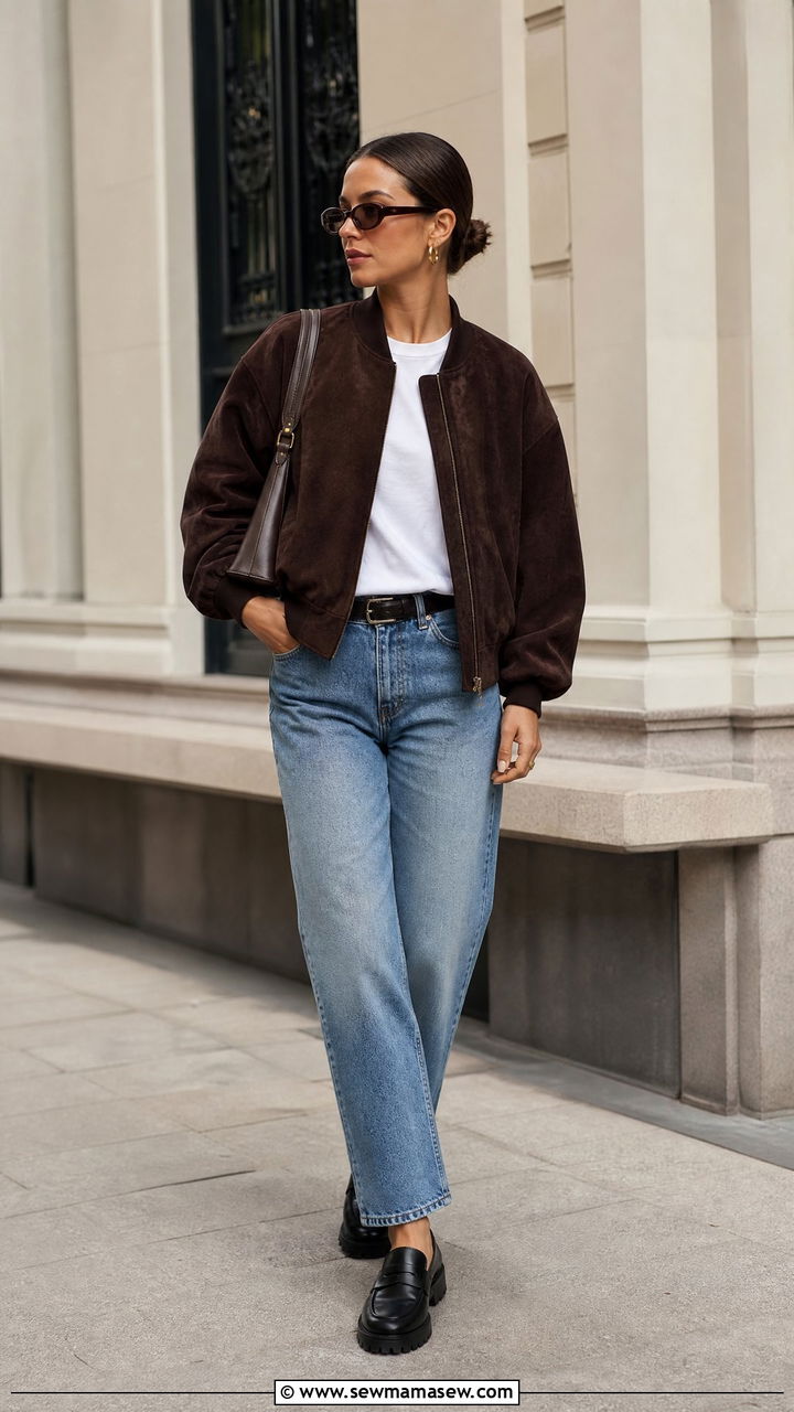 Suede Bomber Jacket with Straight Leg Jeans and Loafers - 30 streetwear outfits to copy