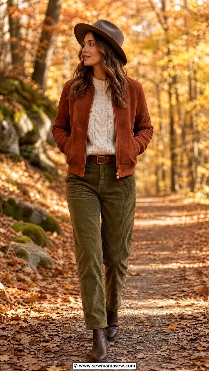 Suede Bomber with Corduroy Pants and Chelsea Boots - 30 How to style a bomber jacket