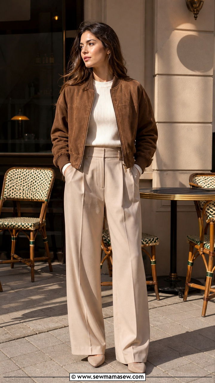 Suede Bomber with Cream Knit and Tailored Trousers - 40 casual jacket outfits