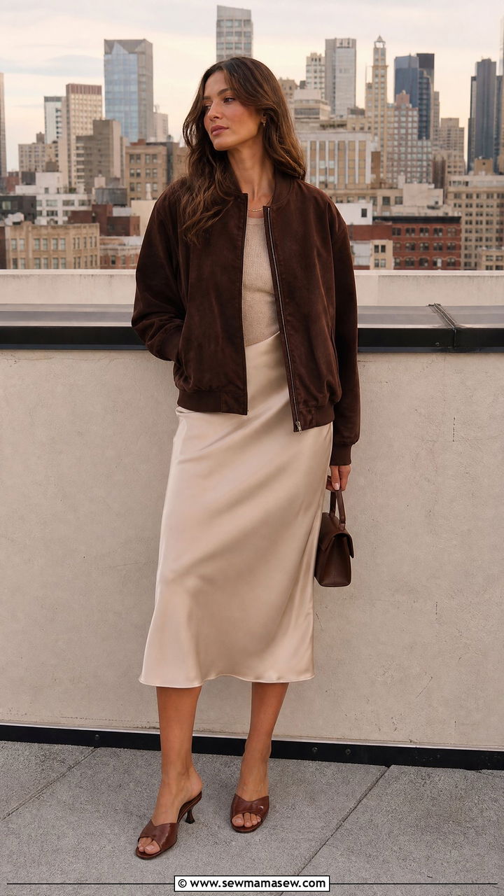 Suede Bomber with Satin Midi Skirt and Mules - 35 jacket outfits ideas