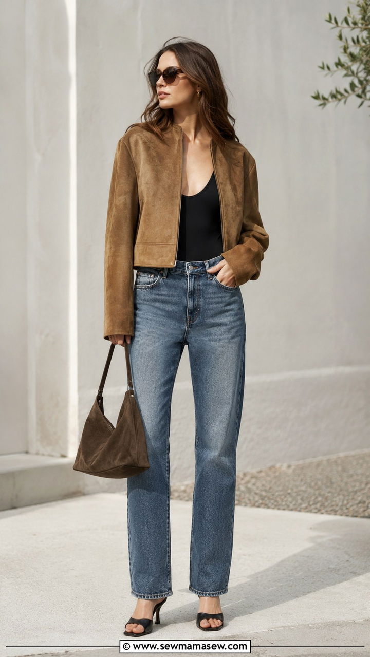 Suede Cropped Jacket with Straight Leg Jeans and Mules - 20 Quiet luxury outfit ideas Khaite style