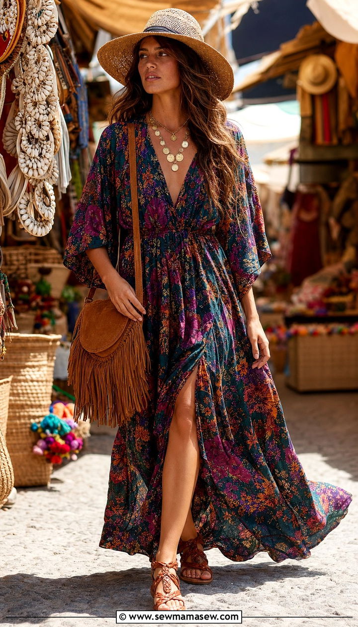 Suede Fringe Crossbody Bag with Floral Maxi Dress - 35 Boho summer outfit ideas 2026