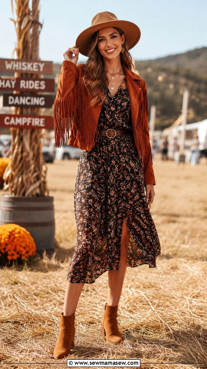 Suede Fringe Jacket Floral Midi Dress And Ankle Boots - 25 seasonal music festival outfit ideas