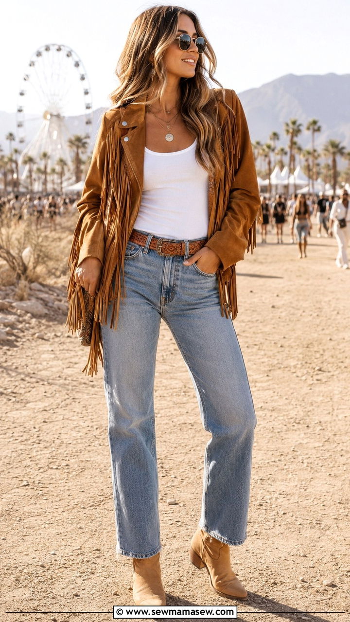 Suede Fringe Jacket Over A White Tank And Jeans - 25 seasonal music festival outfit ideas
