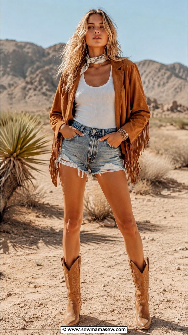 Suede Fringe Jacket Over Cut Off Shorts - 25 Western outfit ideas for women 2026