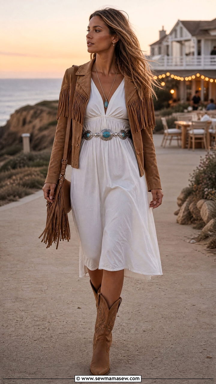 Suede Fringe Jacket With A White Midi Dress - 20 coastal cowgirl outfits aesthetic