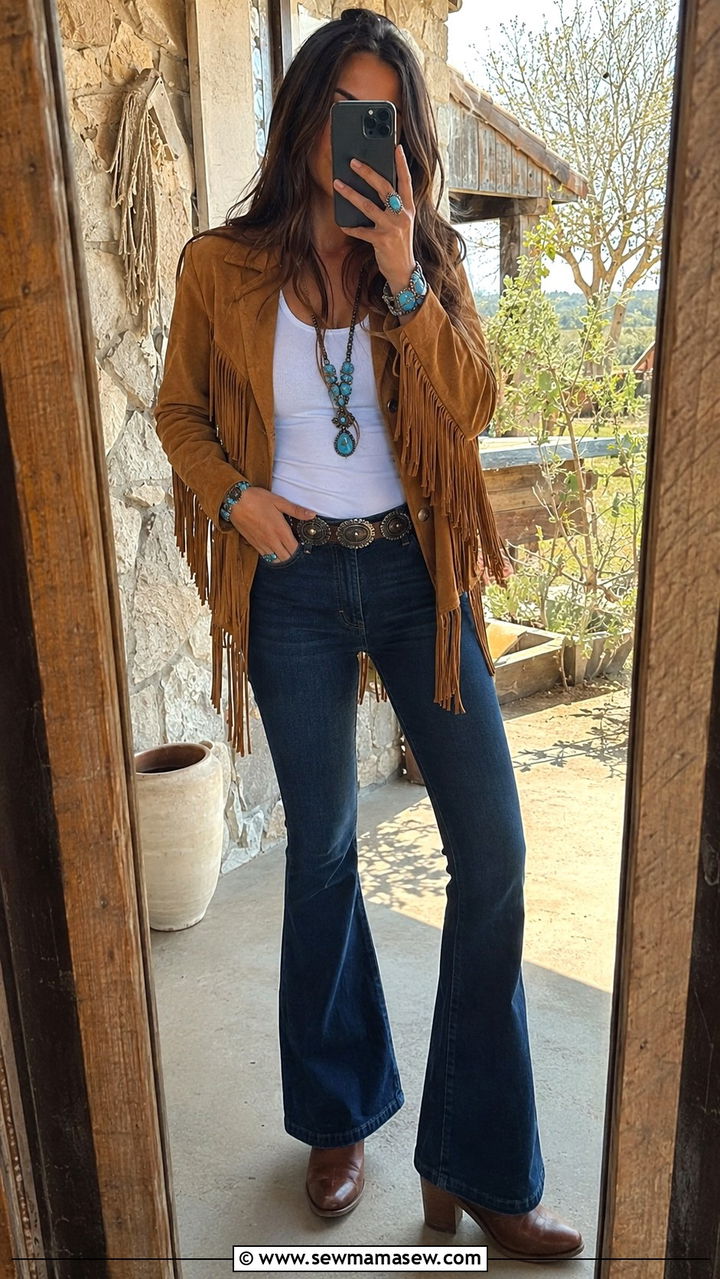 Suede Fringe Jacket With Bell Bottom Jeans Outfit - 25 70s outfit ideas 2026